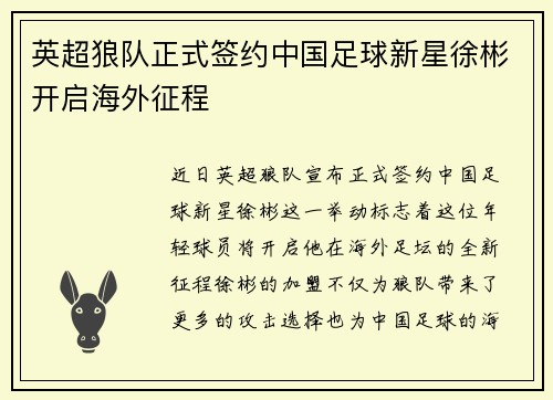 英超狼队正式签约中国足球新星徐彬开启海外征程 英超狼队正式签约中国足球新星徐彬开启海外征程